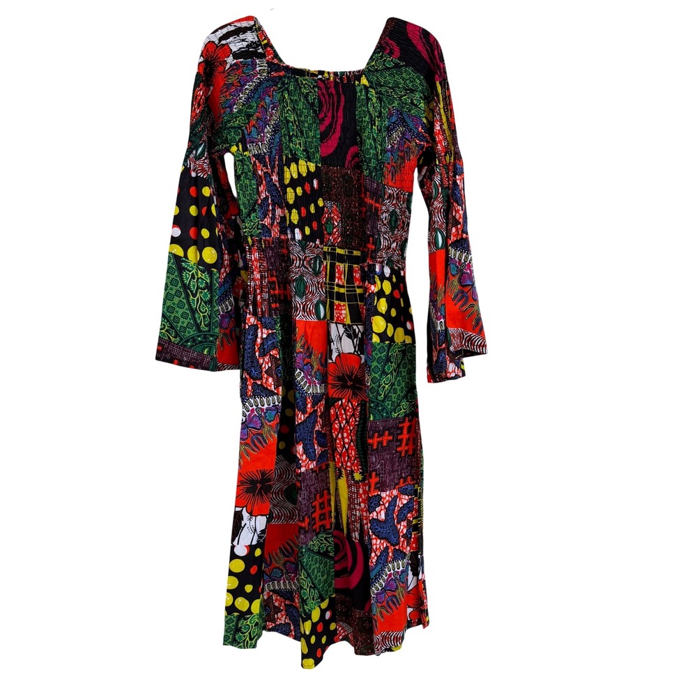 African Stars Bright Cotton Patchwork Smocked Bell Sleeve Midi Dress OS One Size